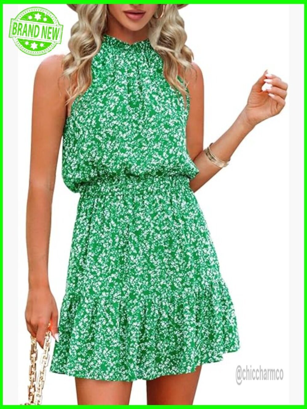 Swing Dress Halter Neck Sleeveless Ruffle Hem Flowy Sun Dress Women's